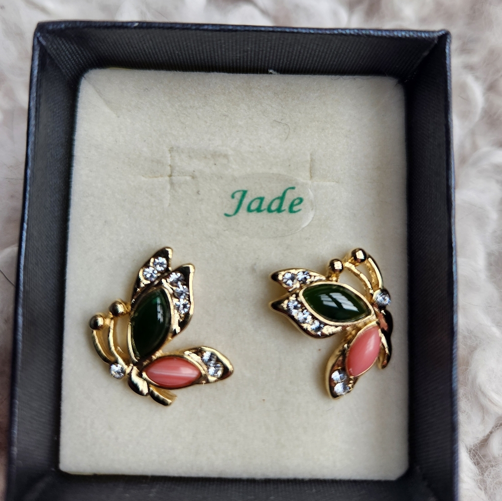 NEW Jade Gold Butterfly Earrings with Real Jade and Natural Stone Accents